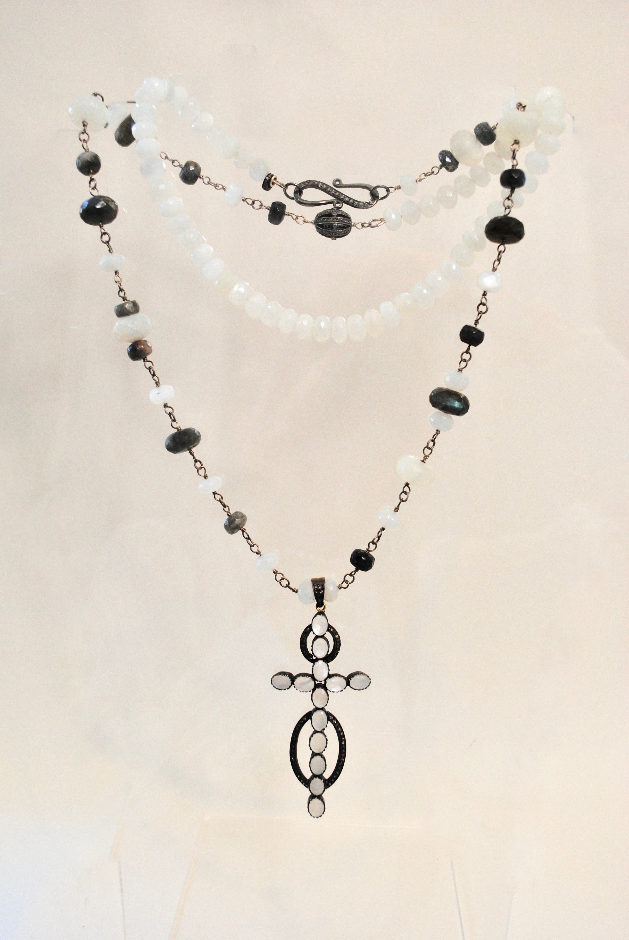 Diamond Moonstone Cross Pendant Necklace