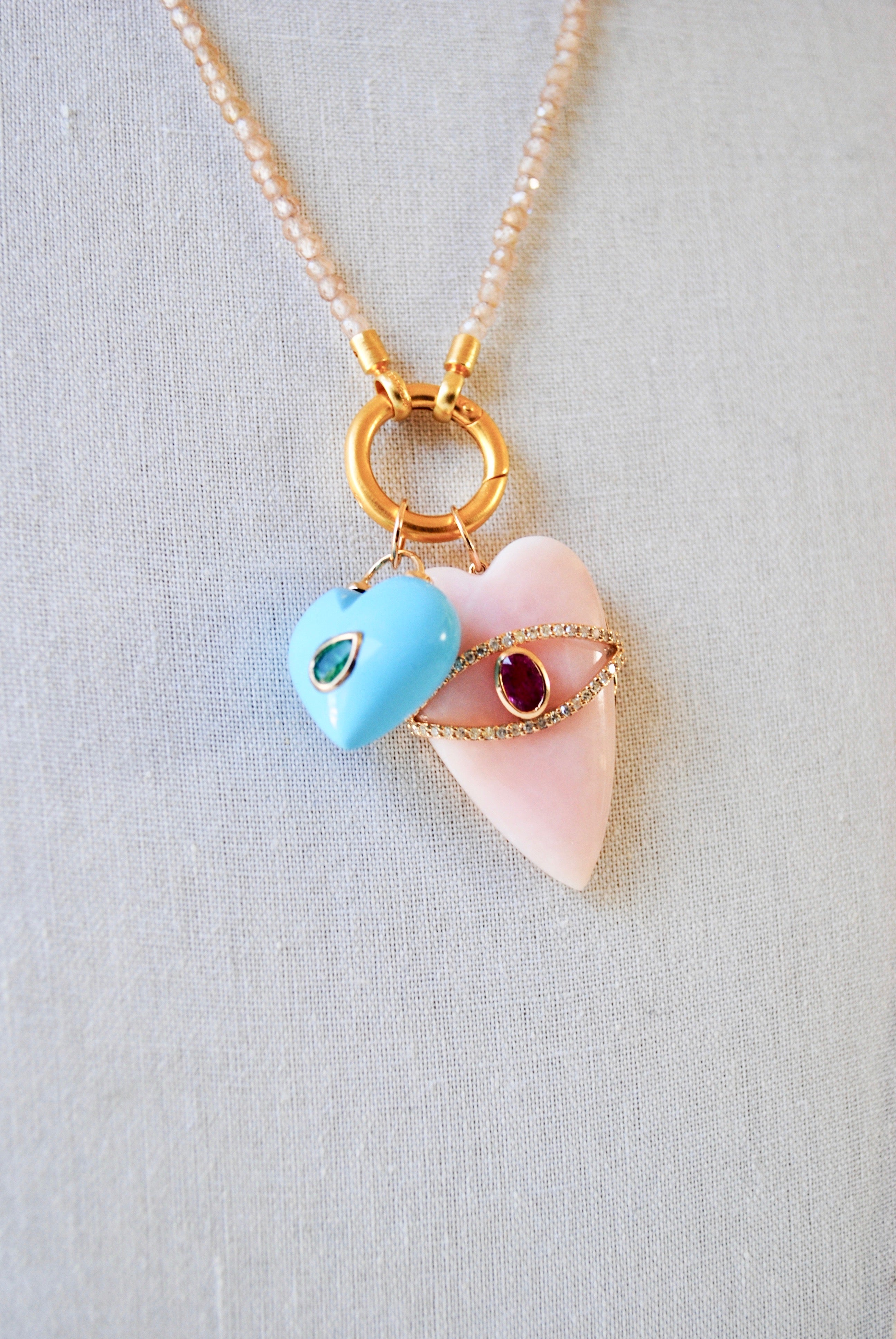 14K Carved Pink Quartz & Sapphire Heart w/ Diamonds Charm