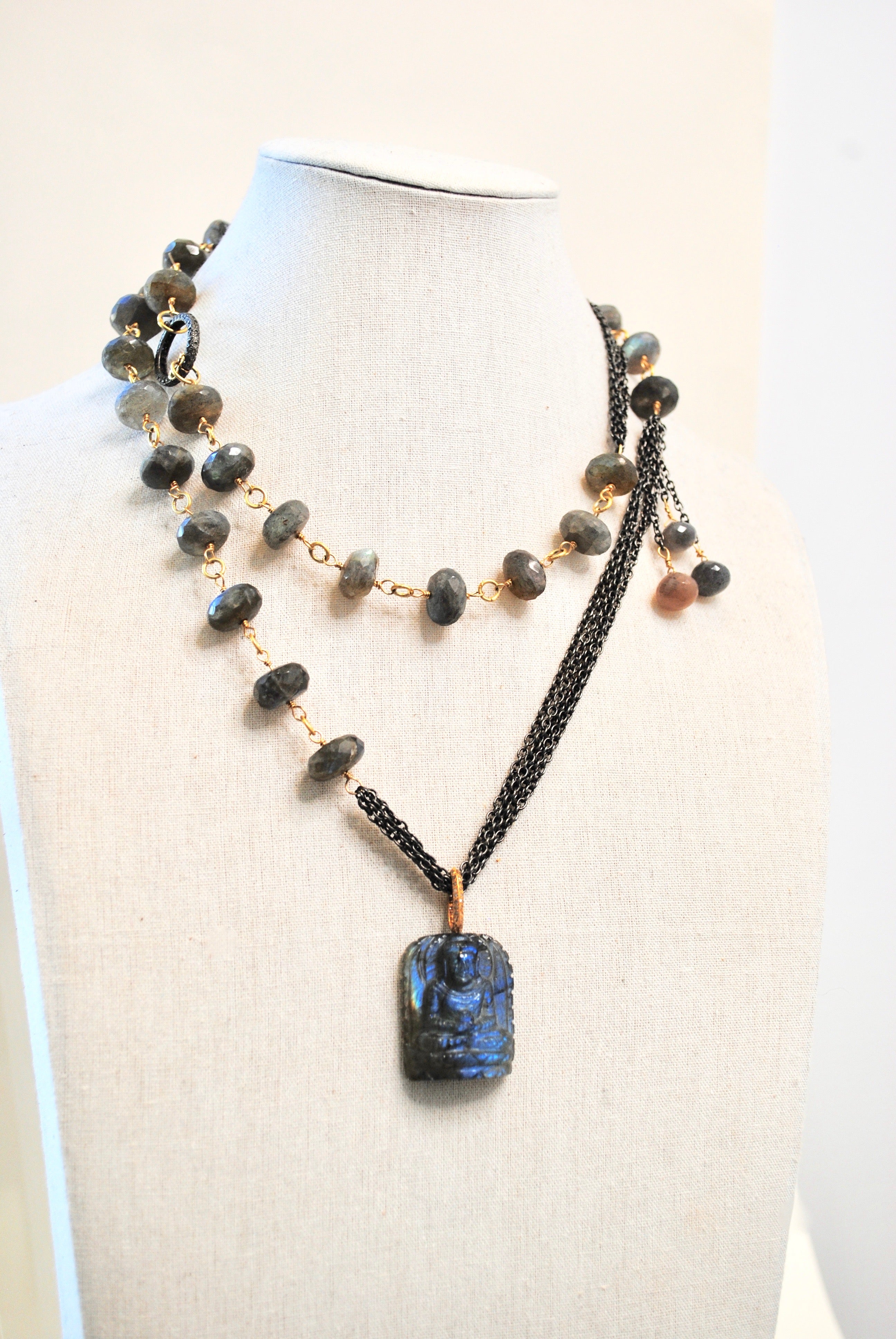 Carved Labradorite Buddha Pendant Necklace