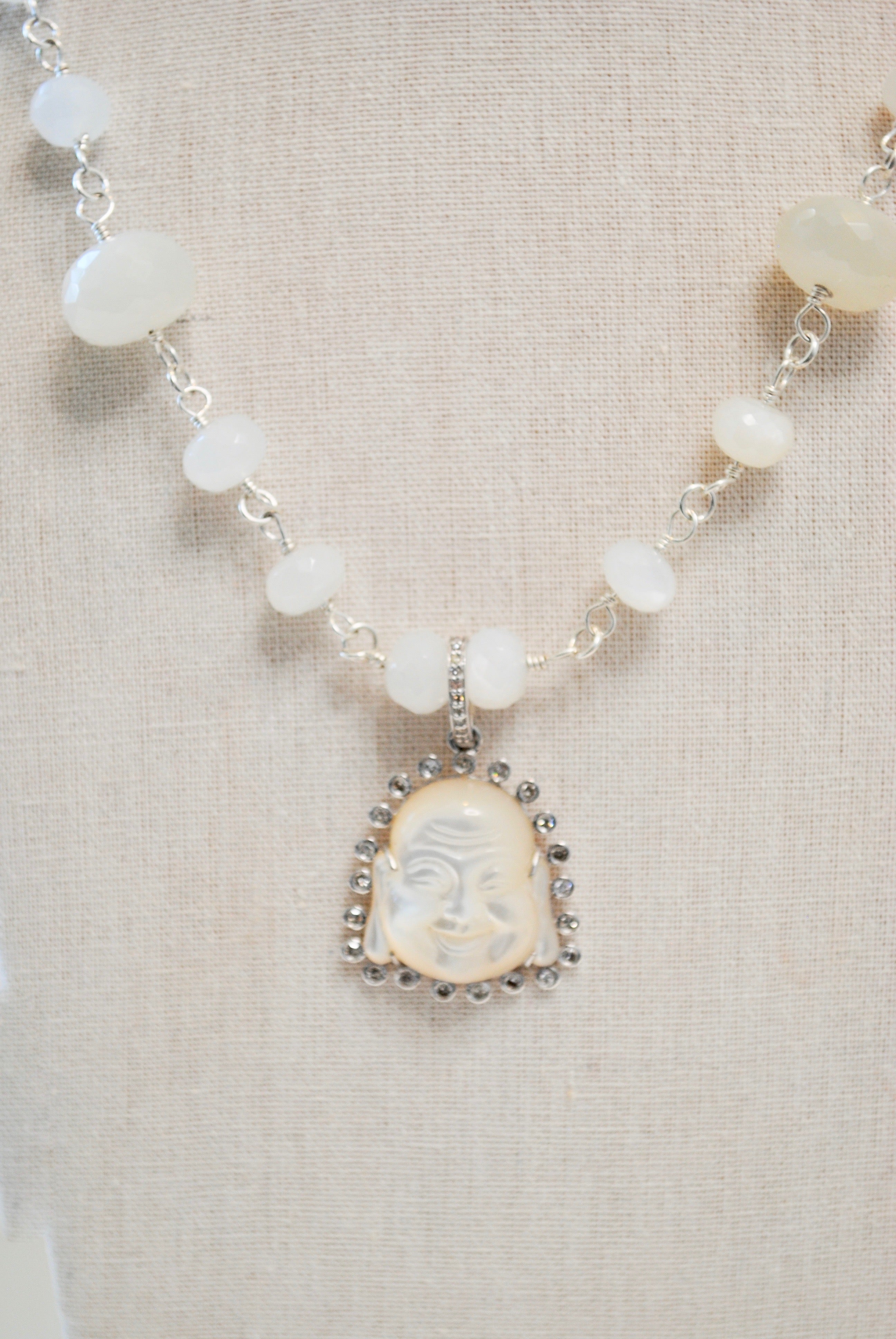 Carved Mother of Pearl Buddha Pendant Necklace