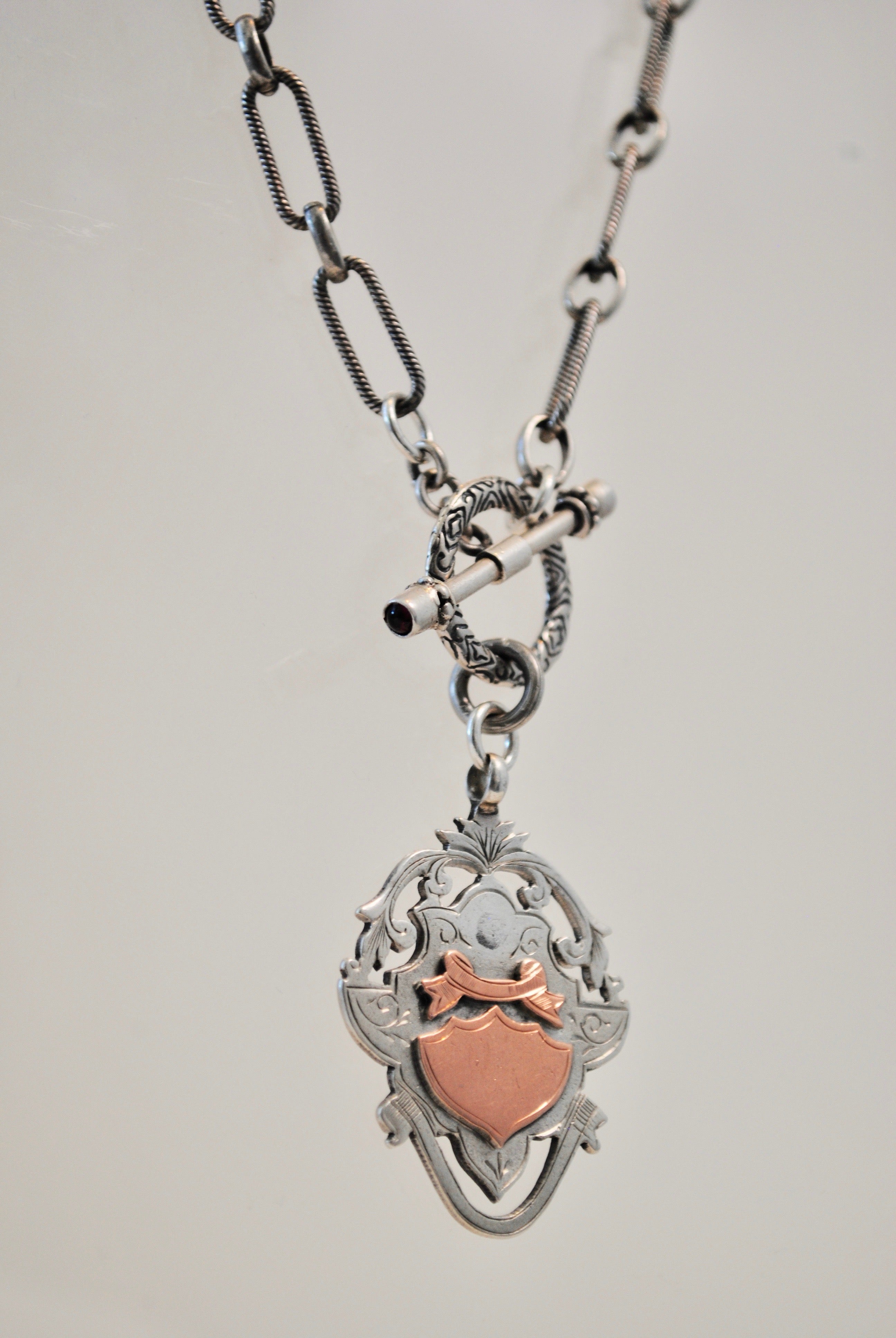 Antique Sterling Silver and 9K Rose Gold English Watch Fob Necklace