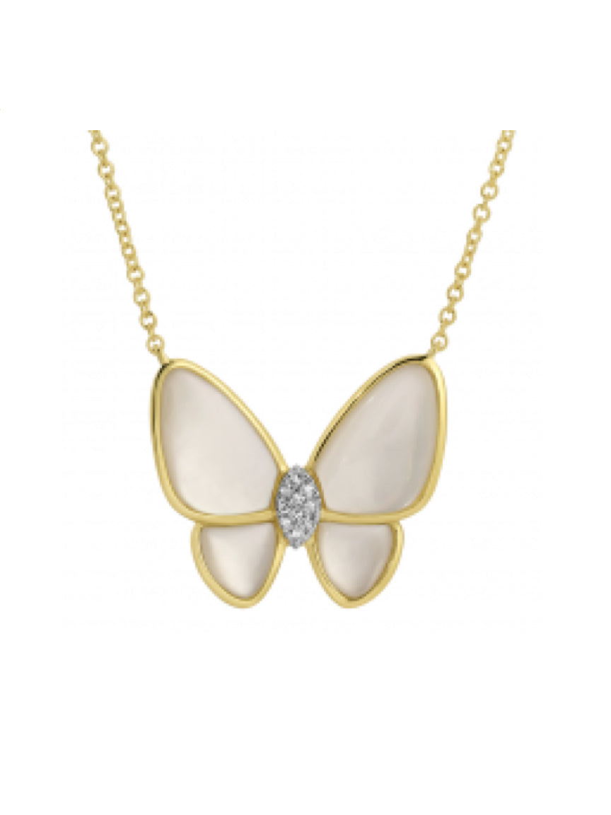 Mother of Pearl & Bezeled Butterfly Diamond Necklace