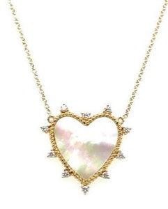 Large Mother of Pearl Gold Heart Necklace w/ Diamond