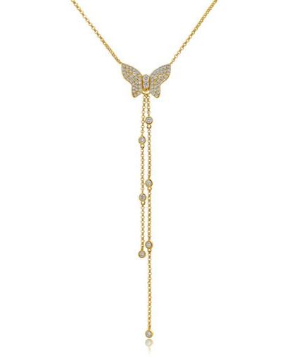 Diamond Butterfly Lariat Necklace with Double Diamond Chain