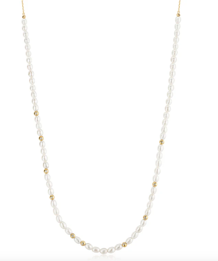 Gold Freshwater Pearl and White Cubic Zirconia Bezel Set Slider Necklace