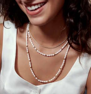 Gold Freshwater Pearl and White Cubic Zirconia Bezel Set Slider Necklace