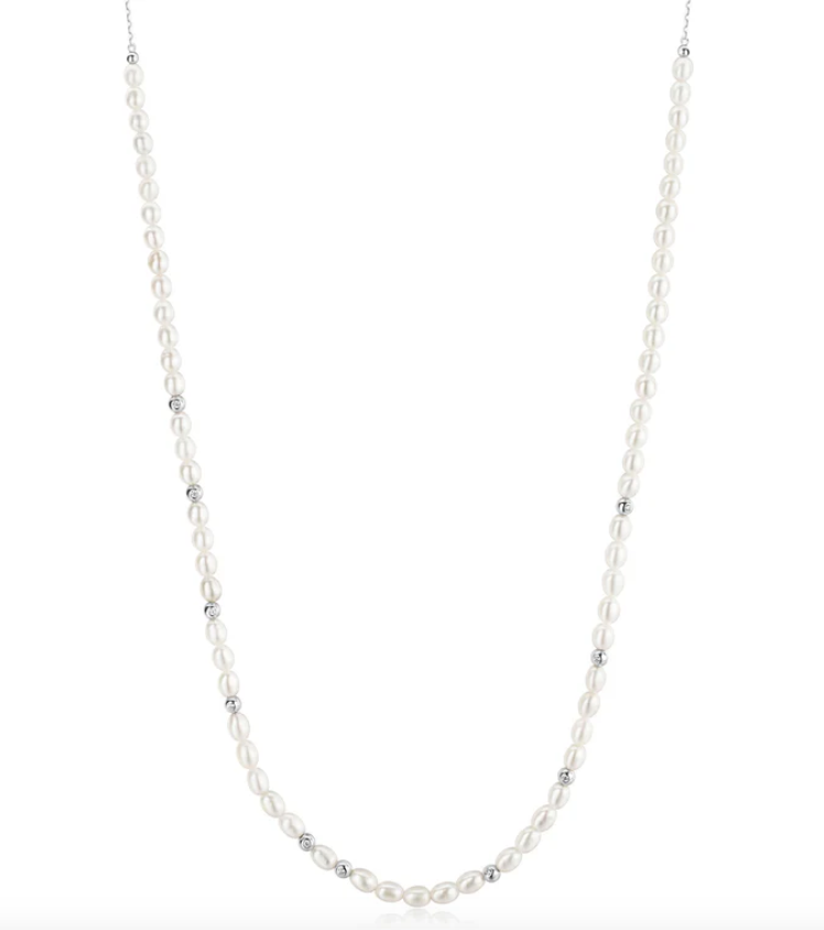 Silver Freshwater Pearl and White Cubic Zirconia Bezel Set Slider Necklace