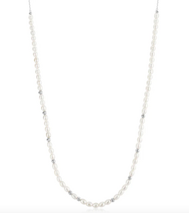 Silver Freshwater Pearl and White Cubic Zirconia Bezel Set Slider Necklace