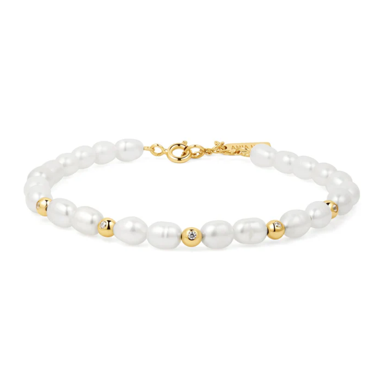 Gold Freshwater Pearl and White Cubic Zirconia Bezel Set Bracelet