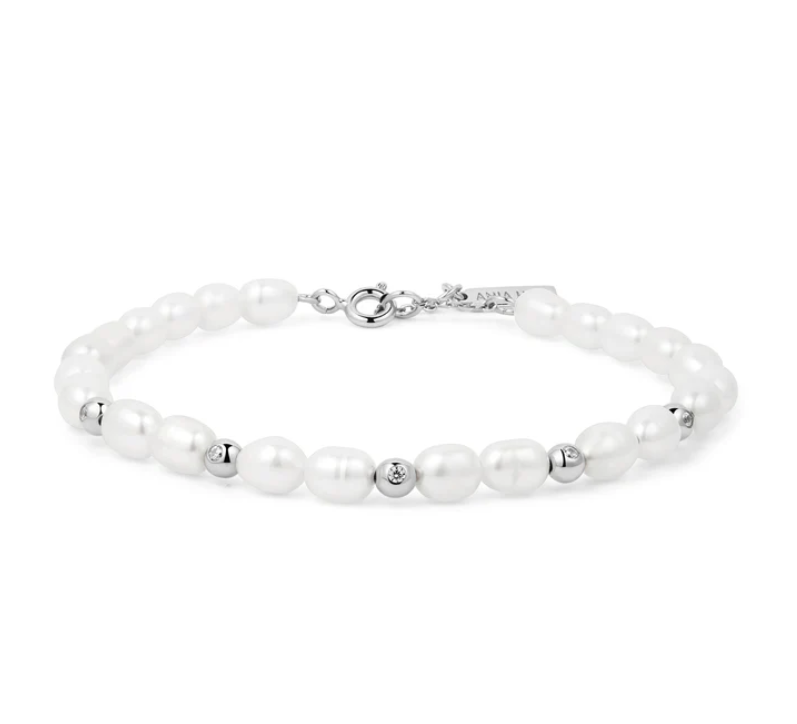 Silver Freshwater Pearl and White Cubic Zirconia Bezel Set Bracelet