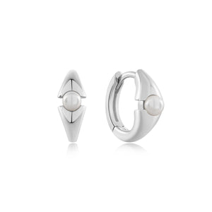 Silver Pearl Geometric Huggie Hoop Earrings