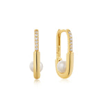 Load image into Gallery viewer, Gold Pearl Interlock Oval Hoop Earrings

