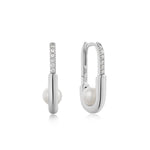 Load image into Gallery viewer, Silver Pearl Interlock Oval Hoop Earrings
