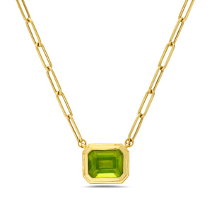 Emerald Cut Peridot Bezeled Pendant Necklace