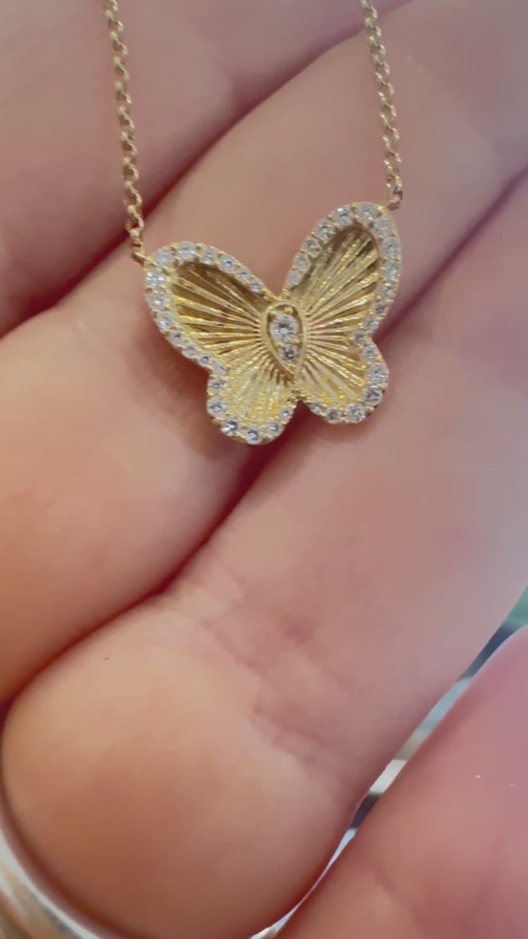 14k Yellow Gold Fluted Diamond Butterfly Necklace