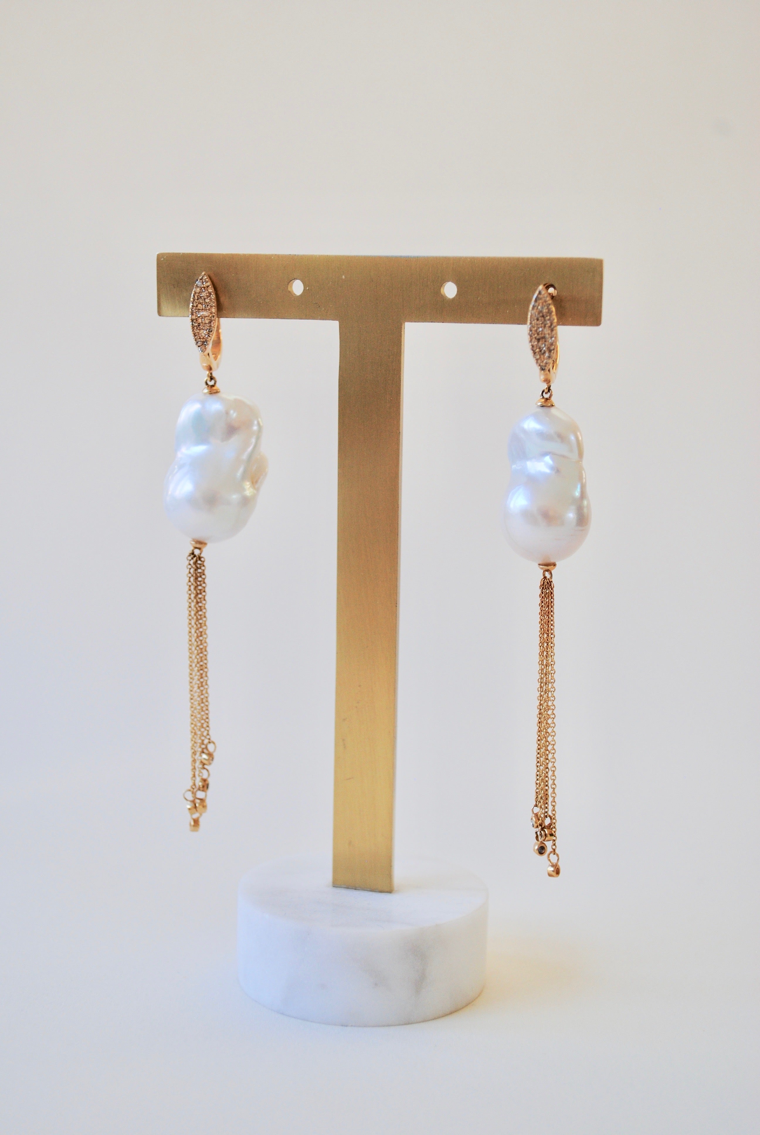 Long 14K Yg Diamond Earrings w/ Baroque Pearl