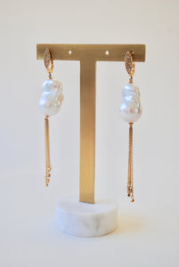 Long 14K Yg Diamond Earrings w/ Baroque Pearl