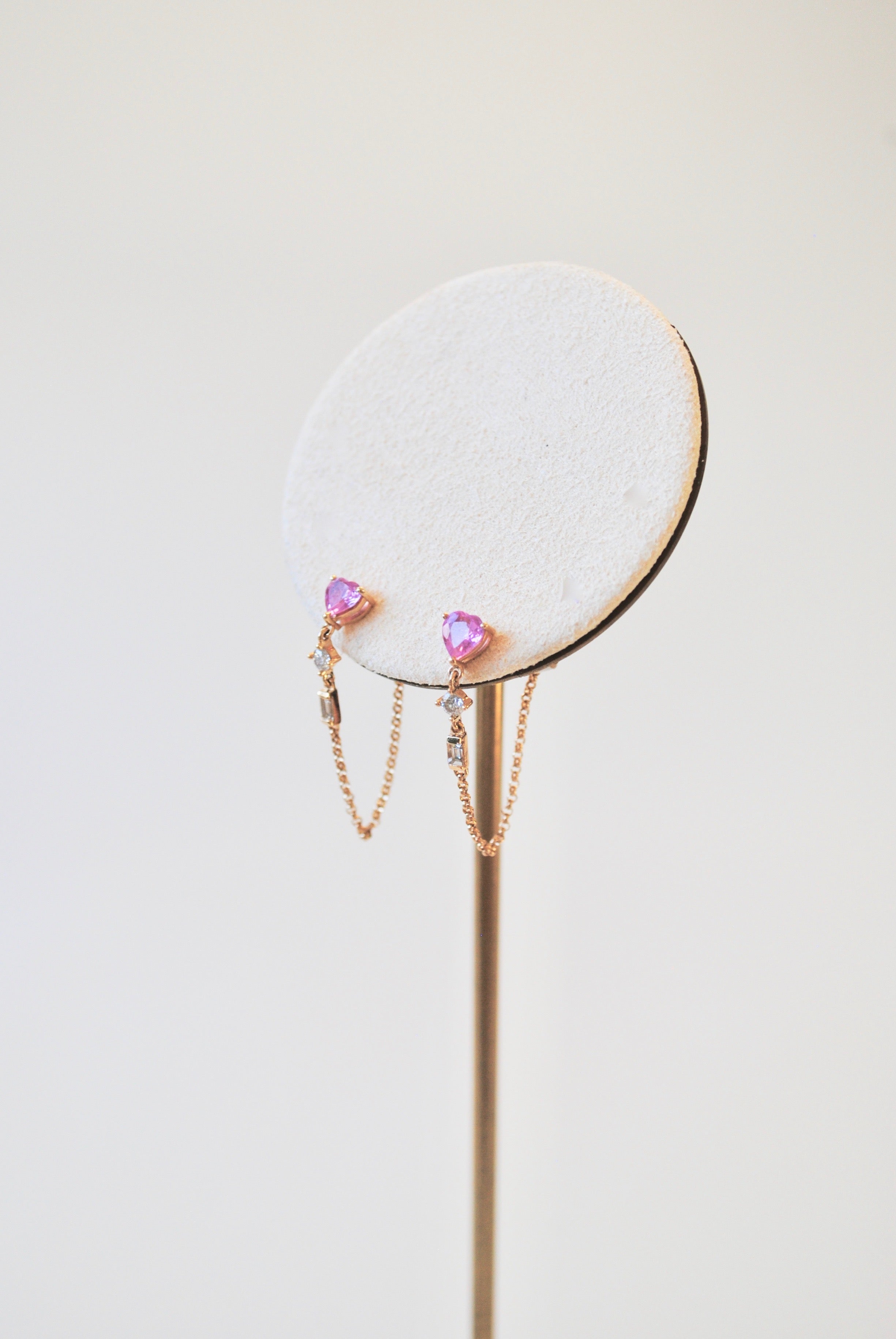 14K Diamond Chain Dangle Earrings w/ Pink Topaz Heart