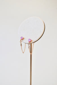 14K Diamond Chain Dangle Earrings w/ Pink Topaz Heart