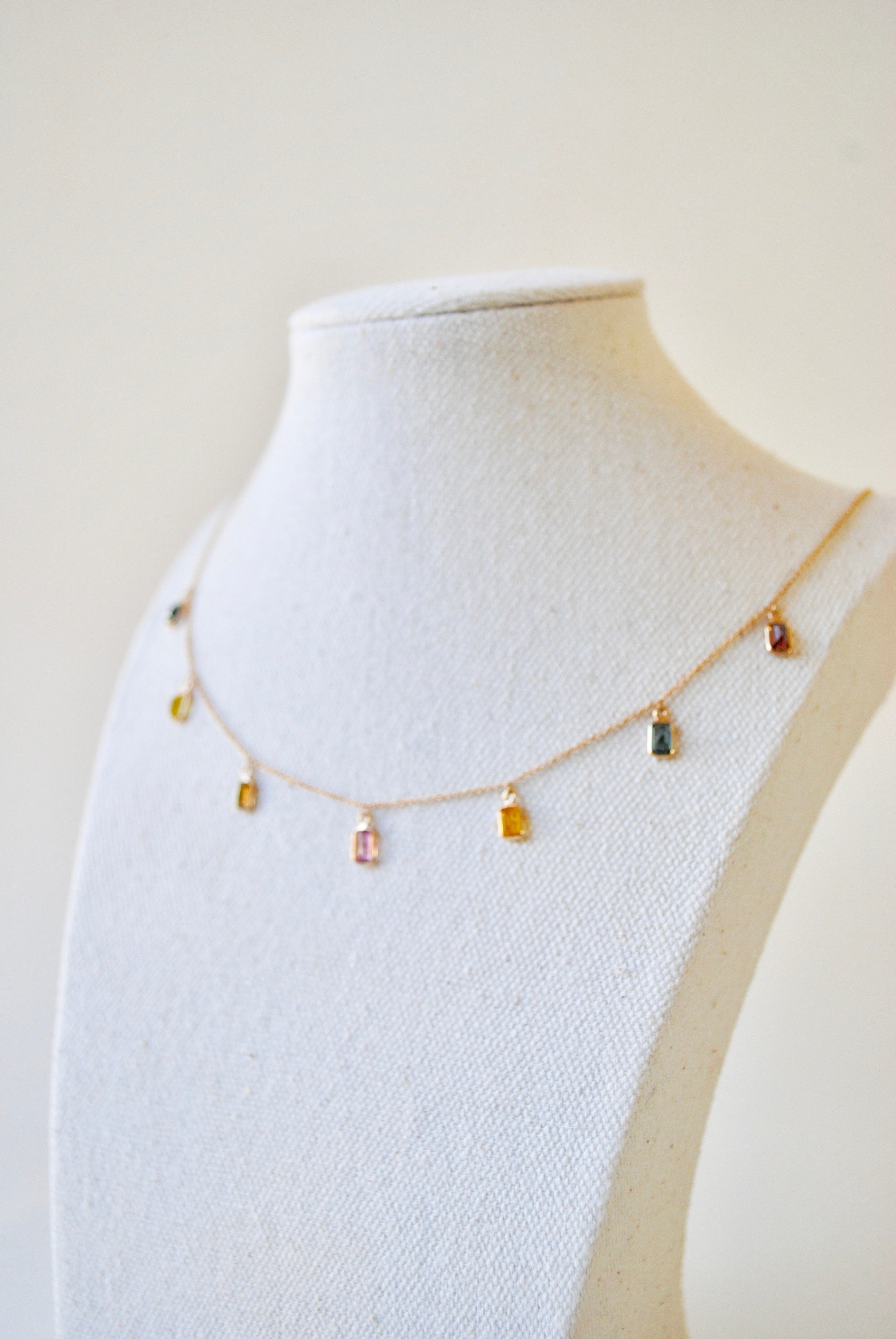 14K YG Multi Dangle Colorful Sapphire Necklace