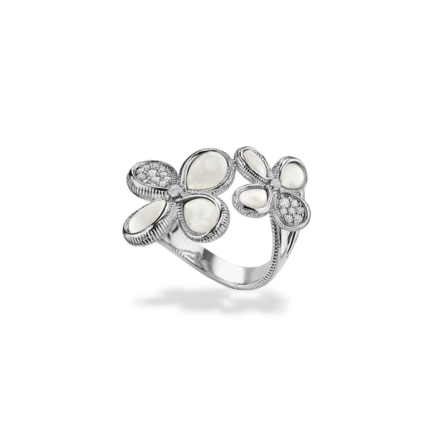 Double Flower Ring with Mother of Pearl and Diamonds