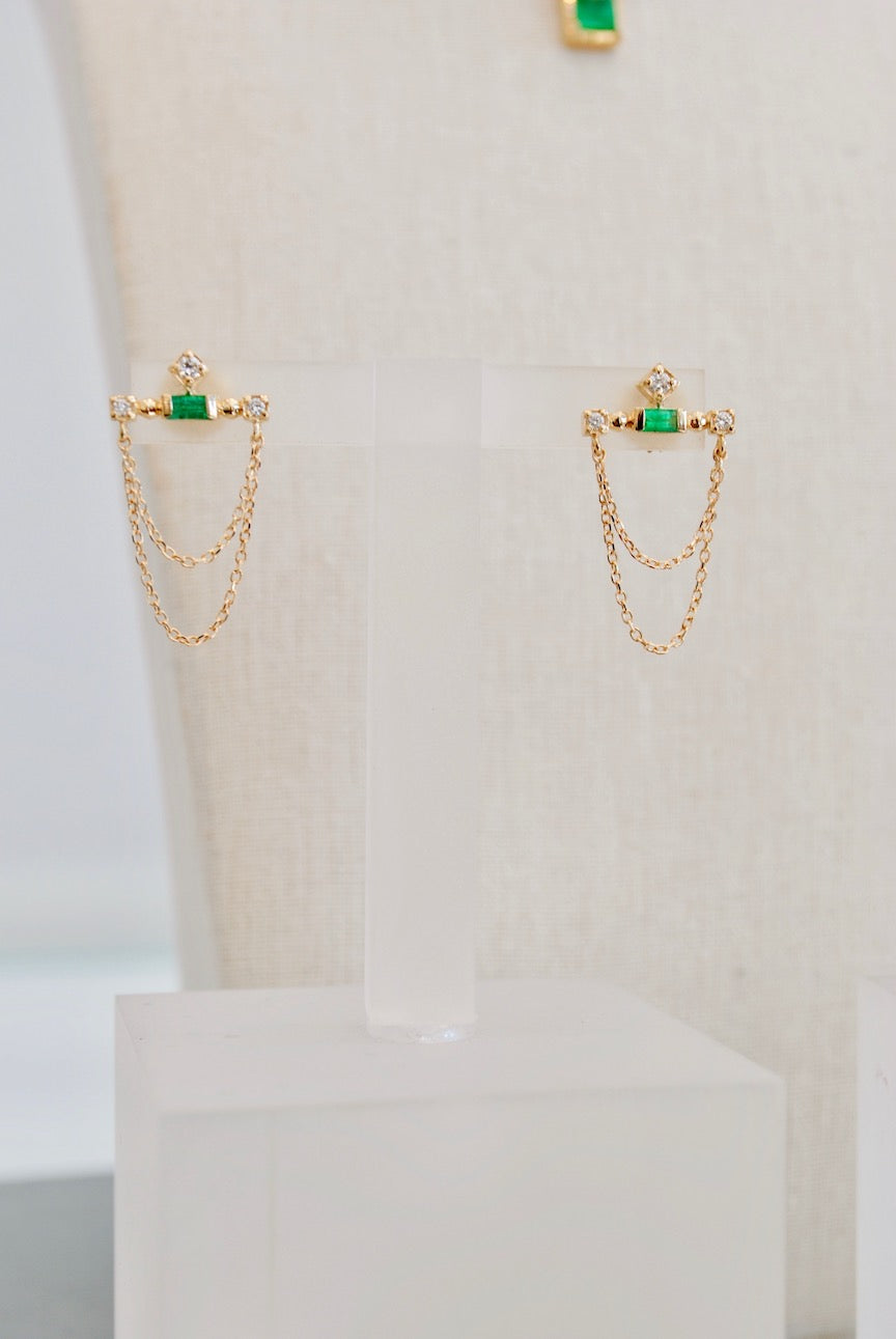 Emerald Bar Chain Earrings
